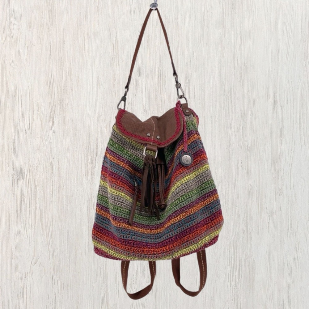 The Sak Avalon Crochet Backpack Convertible Shoulder Bag Striped Boho Drawstring
